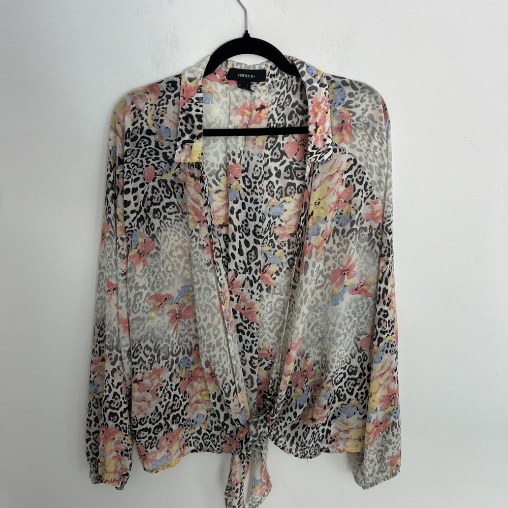 Forever 21 Women's 2X Floral Leopard Long Sleeve Sheer Open Chiffon Blouse W/Tie